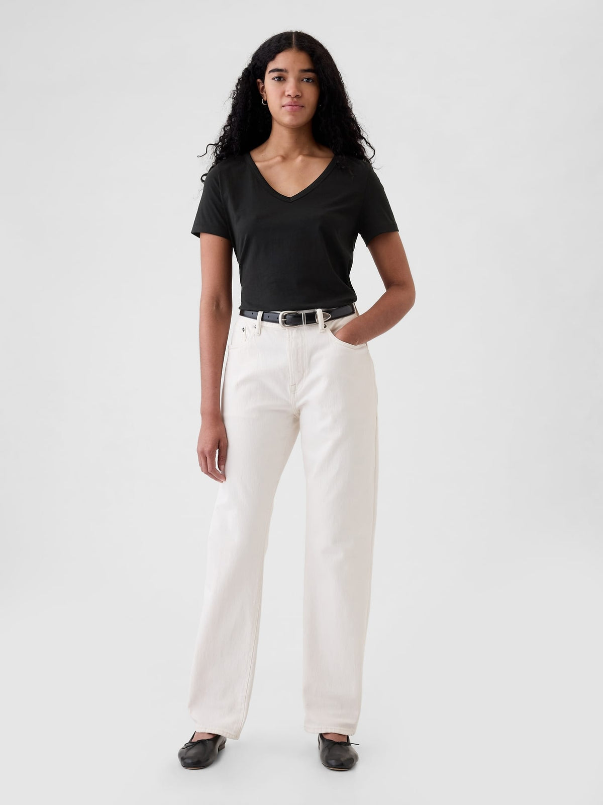Siyah Organik Pamuk Vintage V Yaka T-shirt