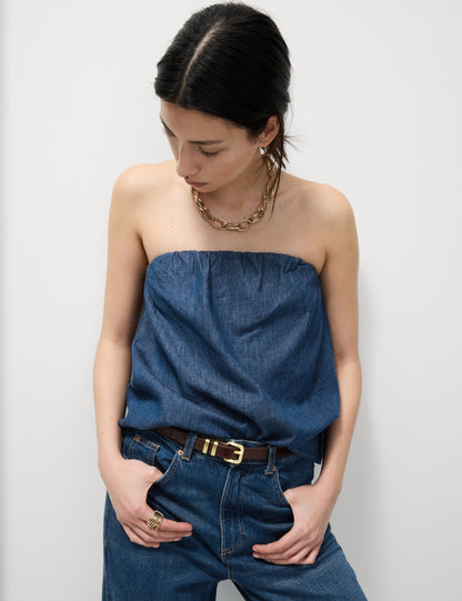 Saf Pamuklu Denim Bandeau Top