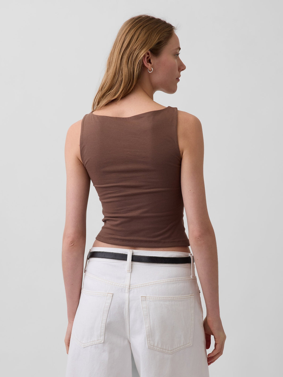 Kahverengi Closeknit Jersey Botneck Kısa Kolsuz Üst
