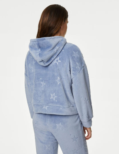 Yıldız Desenli Kapüşonlu Polar Pijama Üstü