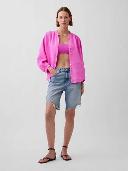 Pembe Pamuk Gauze Oversized Yakasız Gömlek