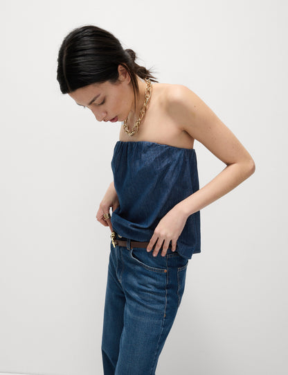 Saf Pamuklu Denim Bandeau Top