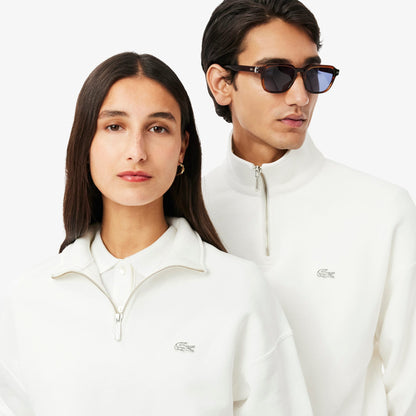 Lacoste Heavy Fleece Zipper Neck Unisex Beyaz Sweatshirt