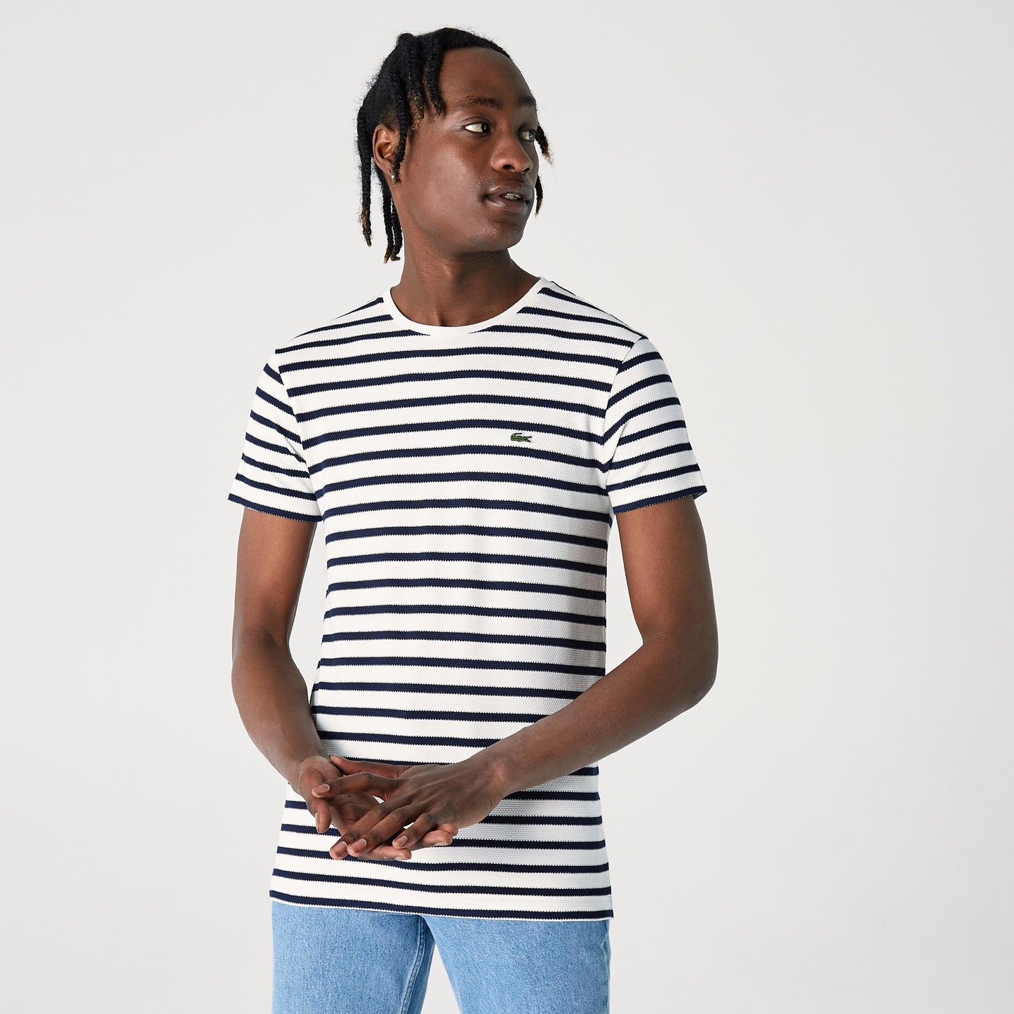 Lacoste Erkek Slim Fit Bisiklet Yaka Çizgili Beyaz T-shirt