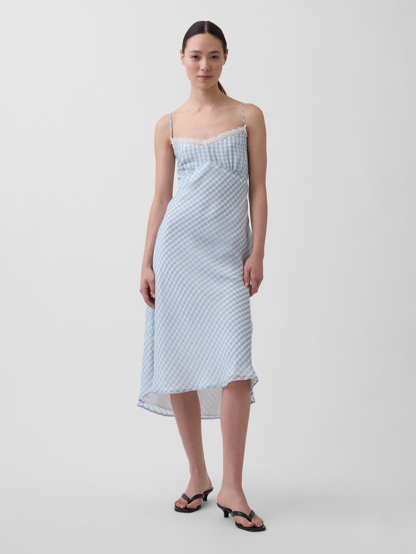Açık Mavi Gingham Midi Slip Elbise