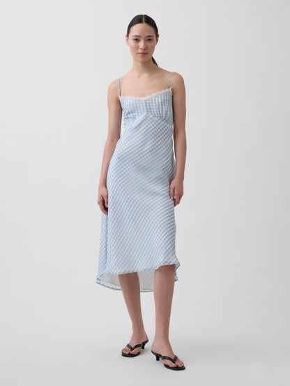 Açık Mavi Gingham Midi Slip Elbise