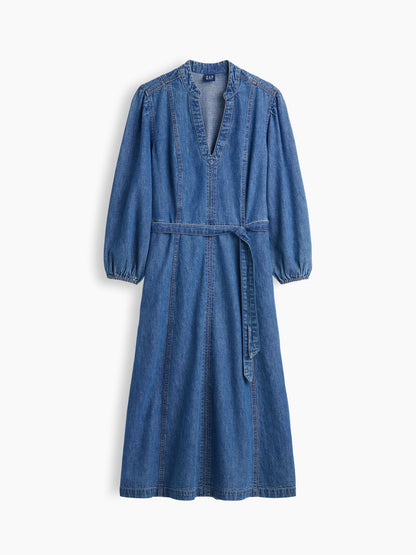Mavi Denim Kemerli Midi Elbise