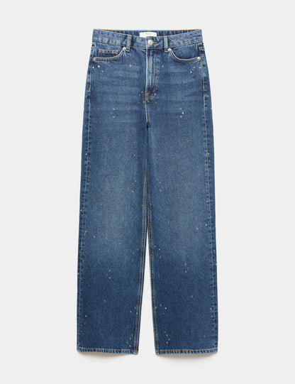 Işleme Detaylı Straight Leg Jean Pantolon