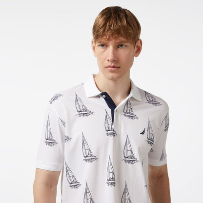 Nautica Erkek Beyaz Classic Fit Kısa Kollu Desenli Polo Yaka T-shirt
