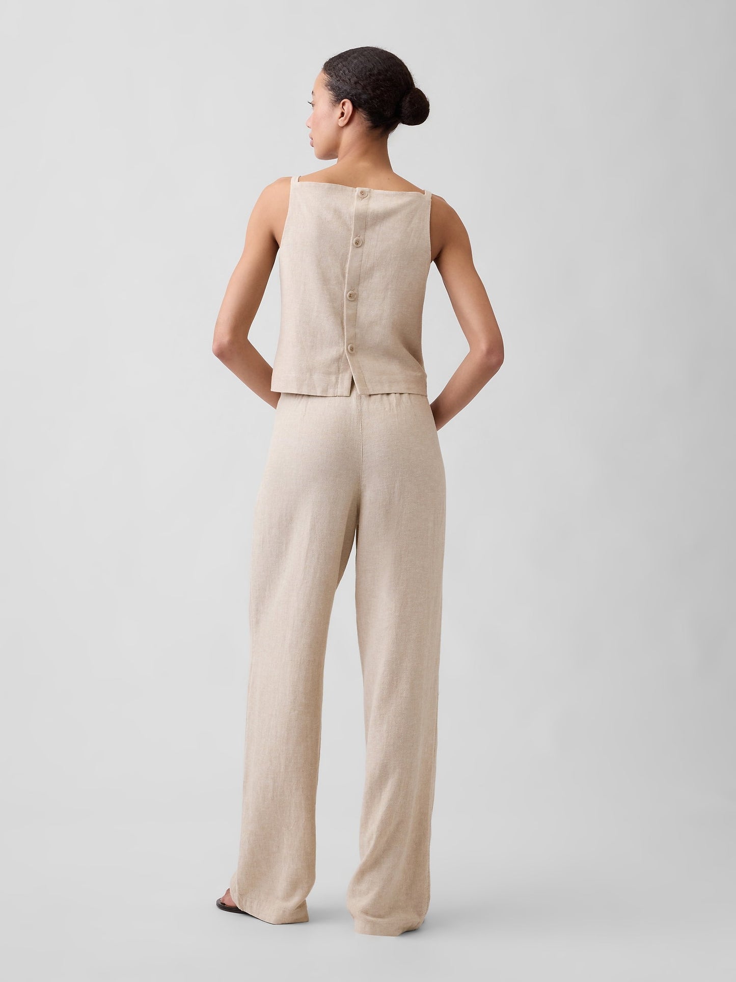 Bej Relaxed Keten Karışımlı Wide-leg Pantolon