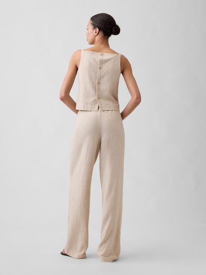 Bej Relaxed Keten Karışımlı Wide-leg Pantolon