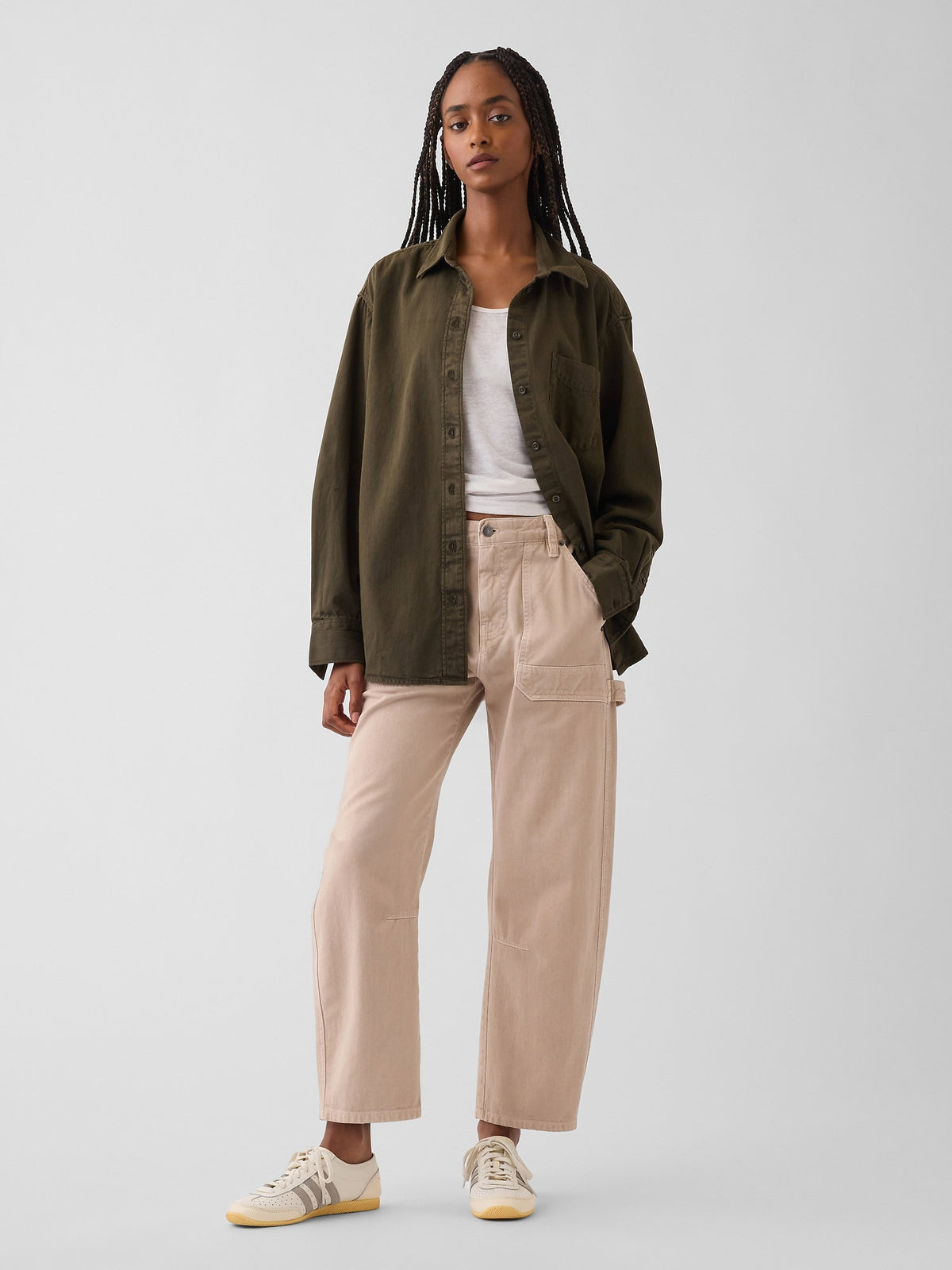 Bej Mid Rise Barrel Utility Ankle Pantolon