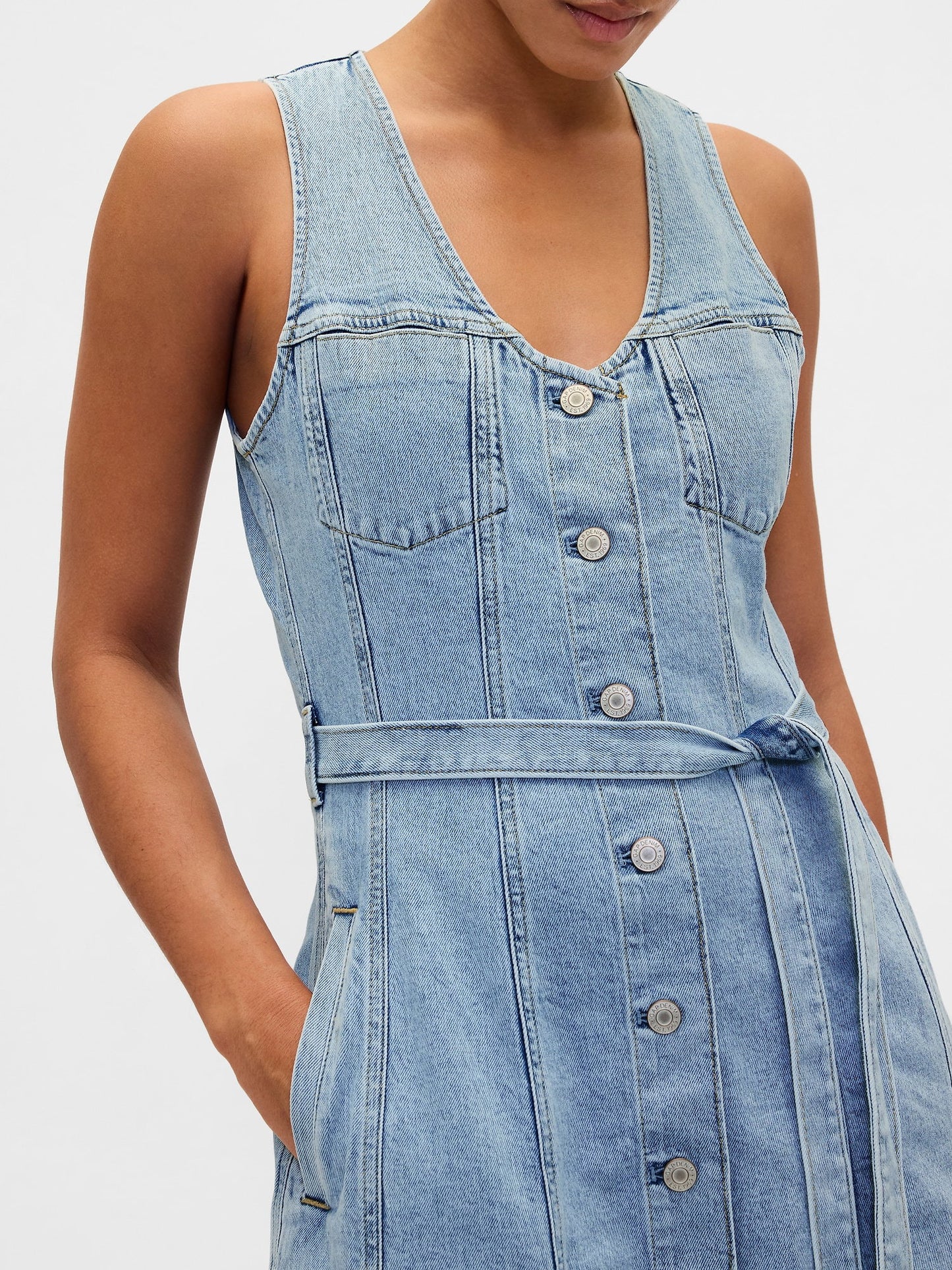 Açık Mavi Denim Kemerli Düğmeli Maxi Elbise