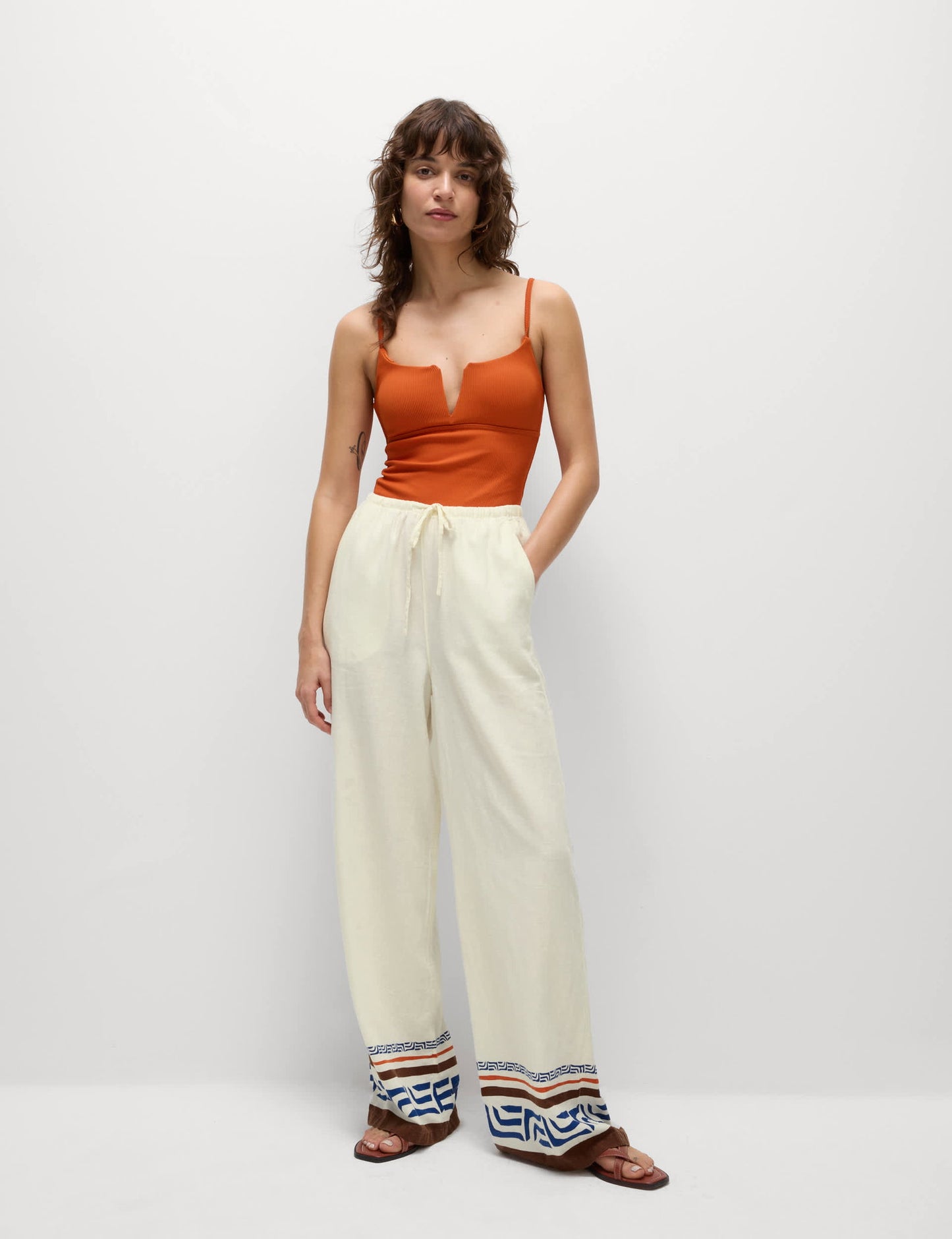 Keten Desenli Wide Leg Pantolon