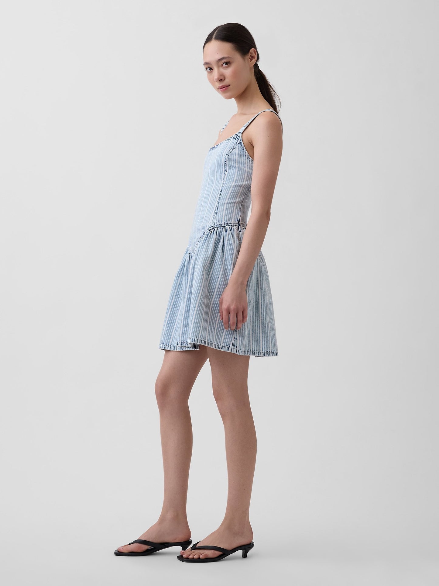Açık Mavi Ultrasoft Denim Çizgili Drop-waist Mini Elbise