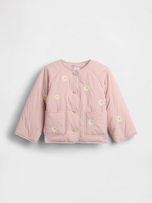 Açık Pembe Floral Embroidered Kapitone Ceket
