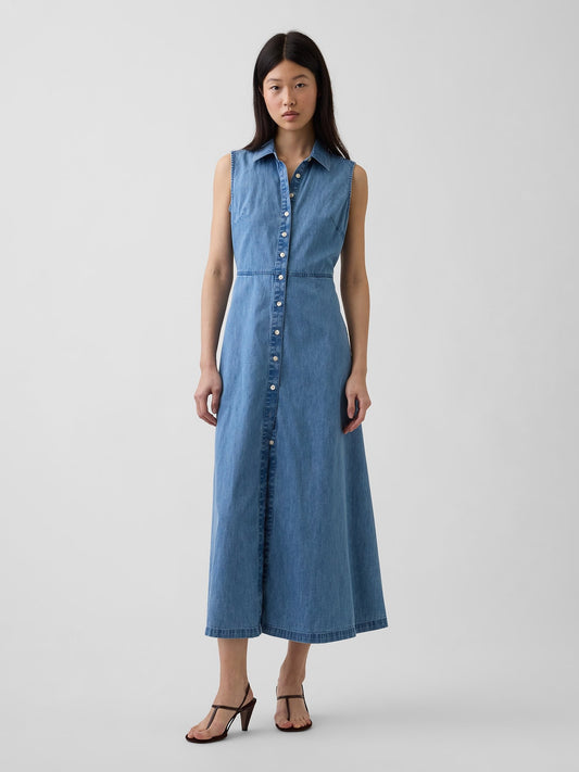 Mavi Ultrasoft Denim Maxi Gömlek Elbise