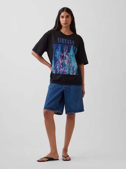 Siyah Nirvana Heavyweight Crop Grafik Baskılı T-shirt