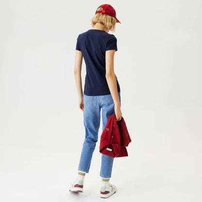 Lacoste Kadın Slim Fit V Yaka Lacivert T-shirt
