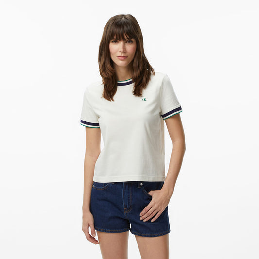 Calvin Klein Monogram Stripe Kadın Beyaz T-shirt