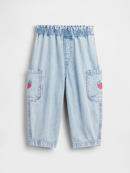 Açık Mavi Pull-on Çilek Işlemeli Kargo Barrel Jean Pantolon