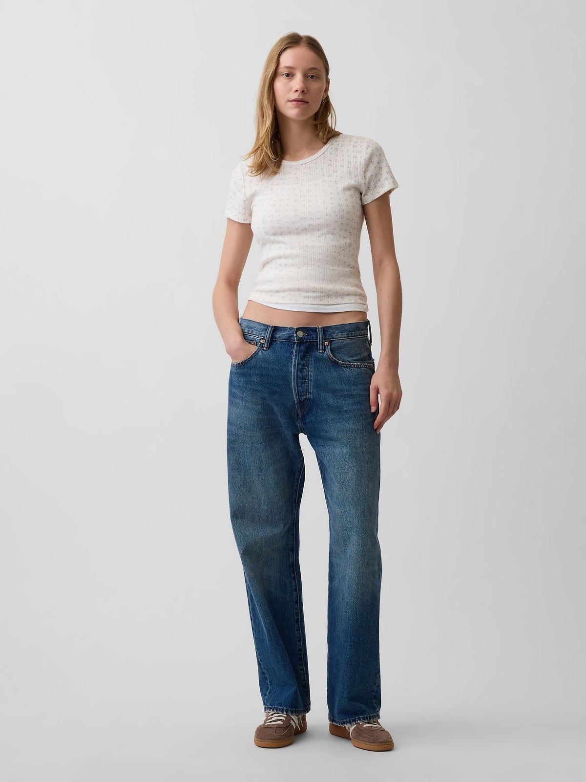 Beyaz Pointelle Bisiklet Yaka T-shirt