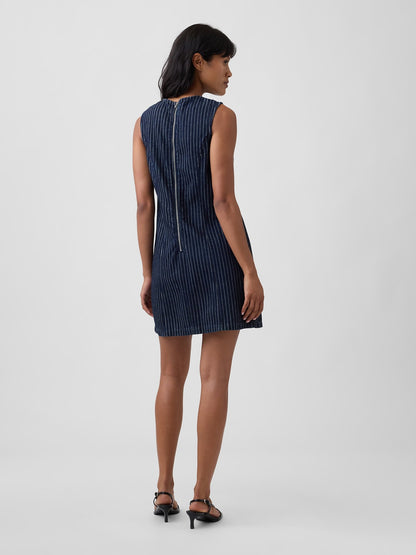 Koyu Mavi Kolsuz Çizgili Denim Mini Elbise