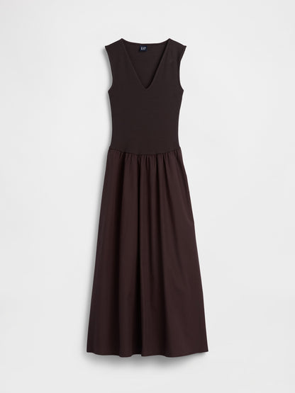 Kahverengi Mixed Media Drop-waist Maxi Elbise
