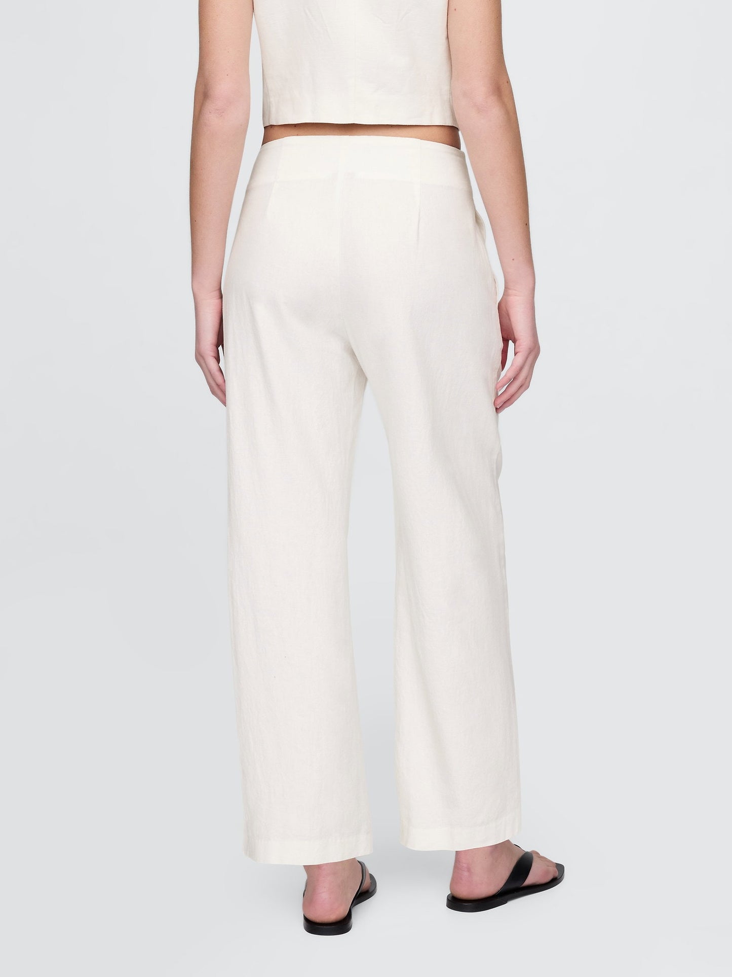 Beyaz Keten Karışımlı Relaxed Straight Ankle Pantolon