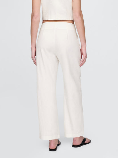 Beyaz Keten Karışımlı Relaxed Straight Ankle Pantolon
