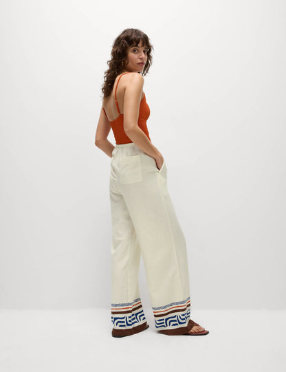 Keten Desenli Wide Leg Pantolon