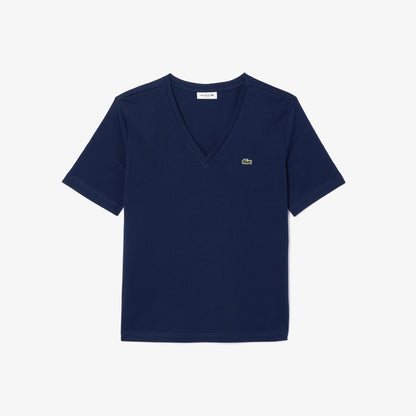 Lacoste Kadın Relaxed Fit V Yaka Lacivert T-shirt