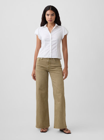 Bej Mid Rise Wide-leg Jean Pantolon