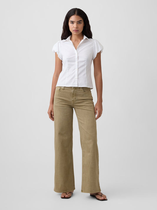 Bej Mid Rise Wide-leg Jean Pantolon
