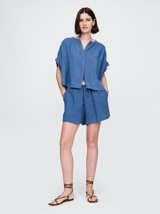 Denim Mavi Crinkle Gauze Denim Şort