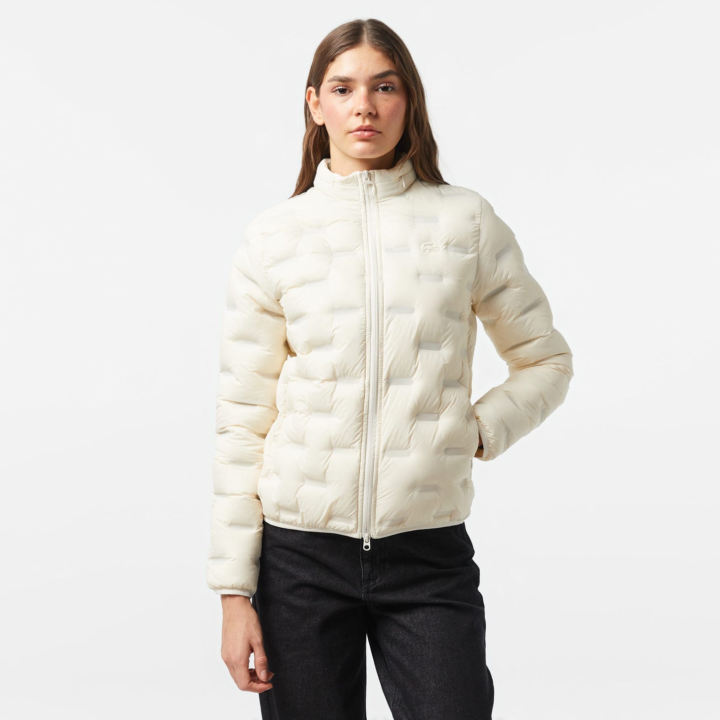 Lacoste Kadın Regular Fit Kapüşonlu Kapitone Beyaz Mont