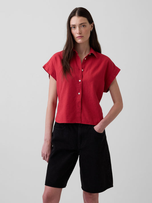 Kırmızı Keten Karışımı Oversize Gömlek