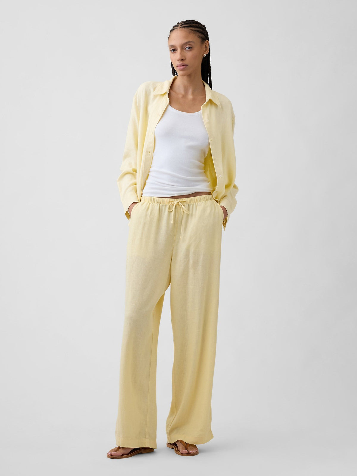 Sarı Relaxed Keten Karışımlı Wide-leg Pantolon