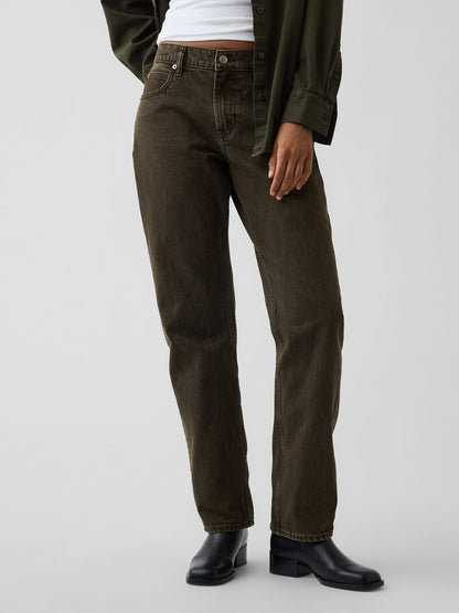 Koyu Yeşil Mid Rise Straight Taper Jean Pantolon
