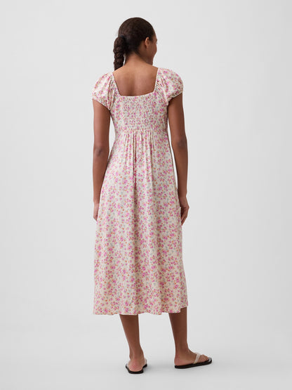 Pembe Print Puff Sleeve Midi Elbise