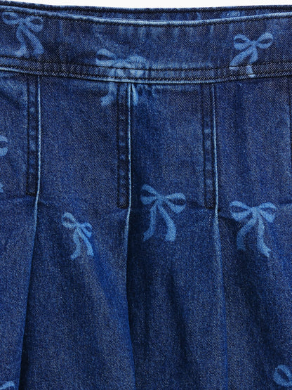 Koyu Mavi Pileli Denim Mini Etek
