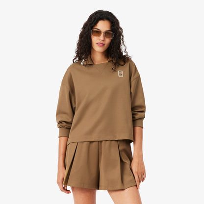 Lacoste Kadın Oversize Fit Polo Yaka Kahverengi Sweatshirt
