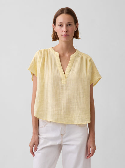 Sarı Pamuk Gauze Oversized Split-neck Üst