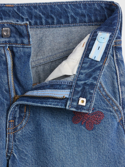 Mavi Low Rise Işlemeli Baggy Jean Pantolon