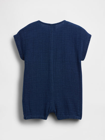 Koyu Mavi Pamuk Gauze Denim Şort Tulum