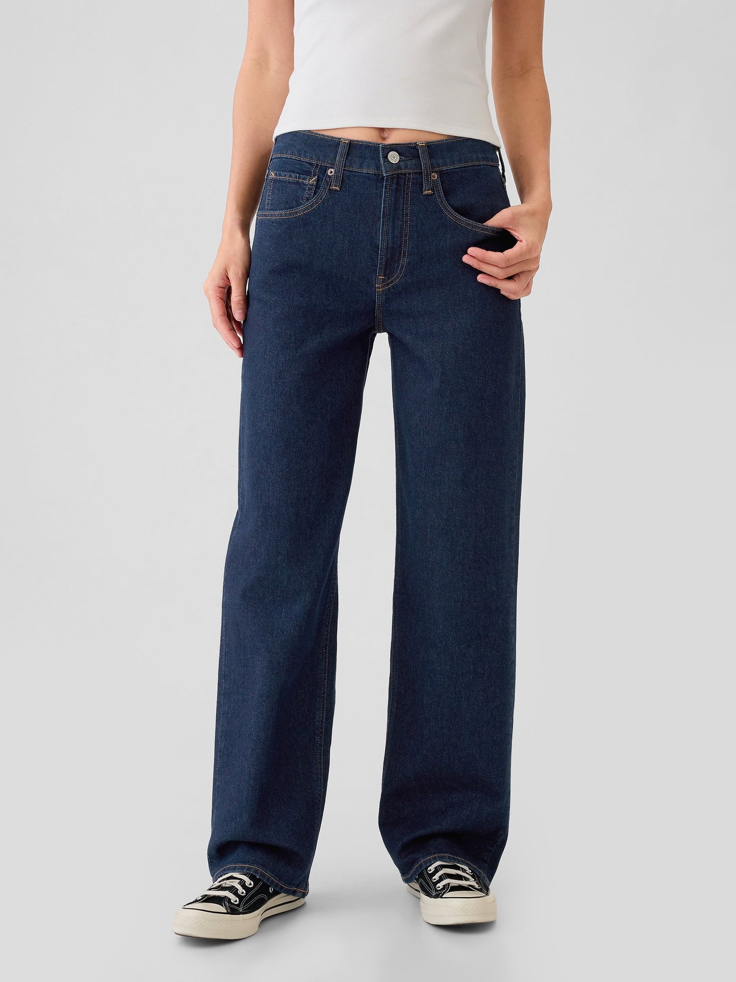 Koyu Mavi Mid Rise '90s Loose Jean Pantolon