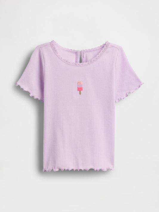 Lila Dondurma Işlemeli Fitilli T-shirt