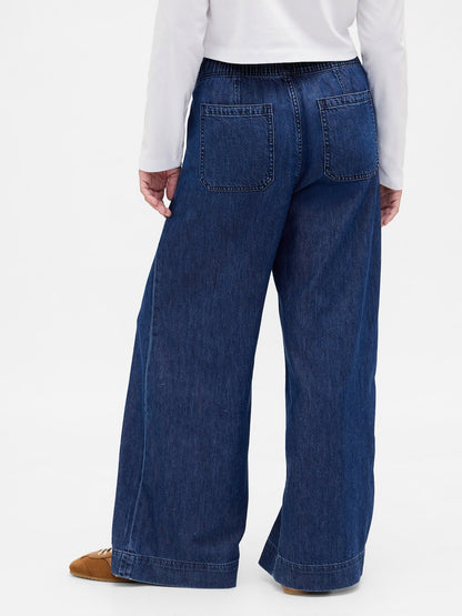 Koyu Mavi Mid Rise Ultrasoft Pileli Baggy Jean Pantolon