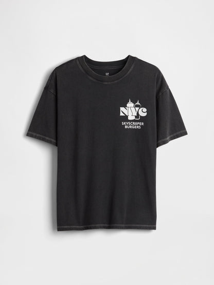 Siyah Relaxed Grafik Baskılı T-shirt