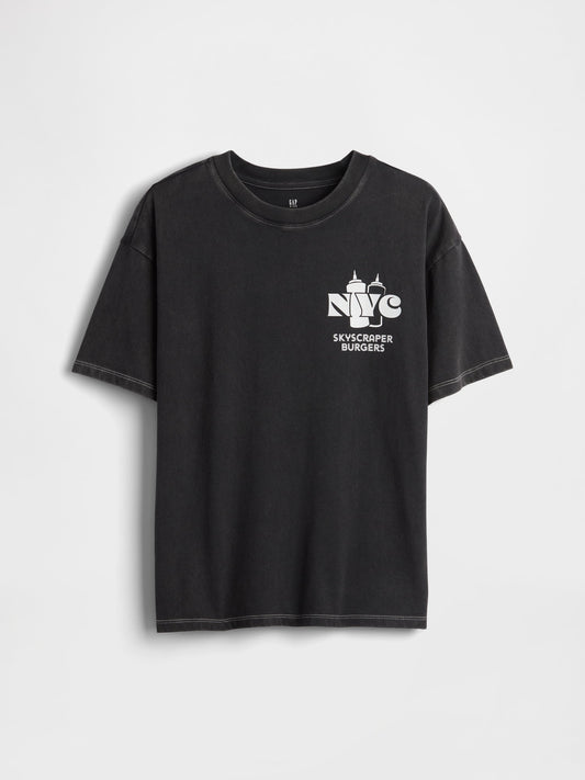 Siyah Relaxed Grafik Baskılı T-shirt